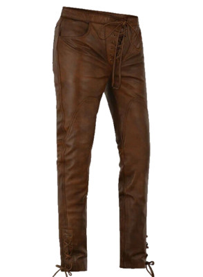 Men's Genuine Leather  Nappa Sheepskin Waxed Cowboy Lace-Up Brown Leather Pants
