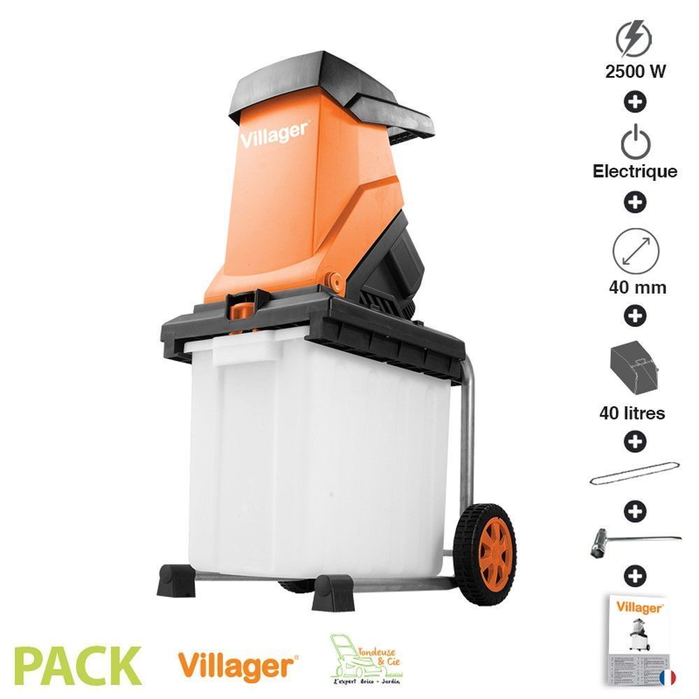 Broyeur de branches électrique Villager VC 2500 de 2500W avec bac de ramassage de 50L