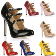 Women Mary Jane Buckle Strap Slim High Heels Lolita Patent leather Party Shoes H