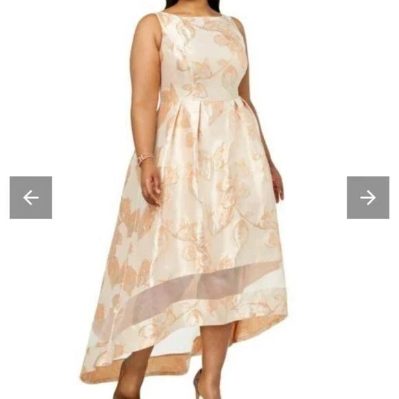 ADRIANNA PAPELL Peach Gold Metallic Jacquard Brocade Hi/Lo Gown w Pockets 16W 1X - Image 2 of 4