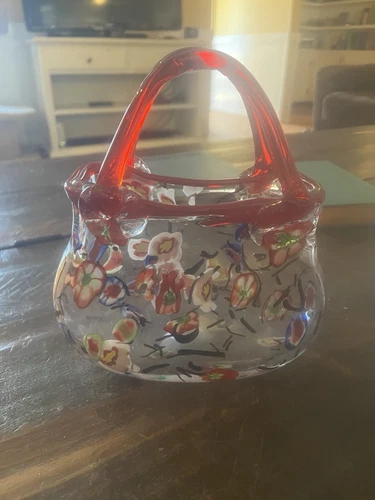 Murano Style Millifiori Art Glass Purse/Vase with Red Handles EUC.