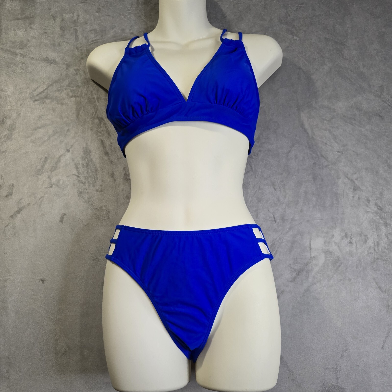 Bikini Swimsuit Set Size Small Criss Cross Back Strappy High Waist Push Up Blue-image