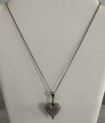 Sterling Silver 925 Lampwork Lamp Work Puffy Heart Necklace Pendant Chain Rolo