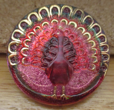 1 Czech Glass Multi-Colored Peacock on a Silver Back Button #02 - 37.51mm