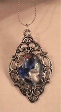 Lacy Festooned Filigree Blue Red Cream Splotched Glass Cameo Silvertone Necklace