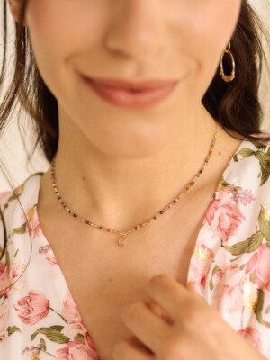 A++ Watermelon Tourmaline Faceted Round Gemstone Gold Filled Beads Necklace 18''
