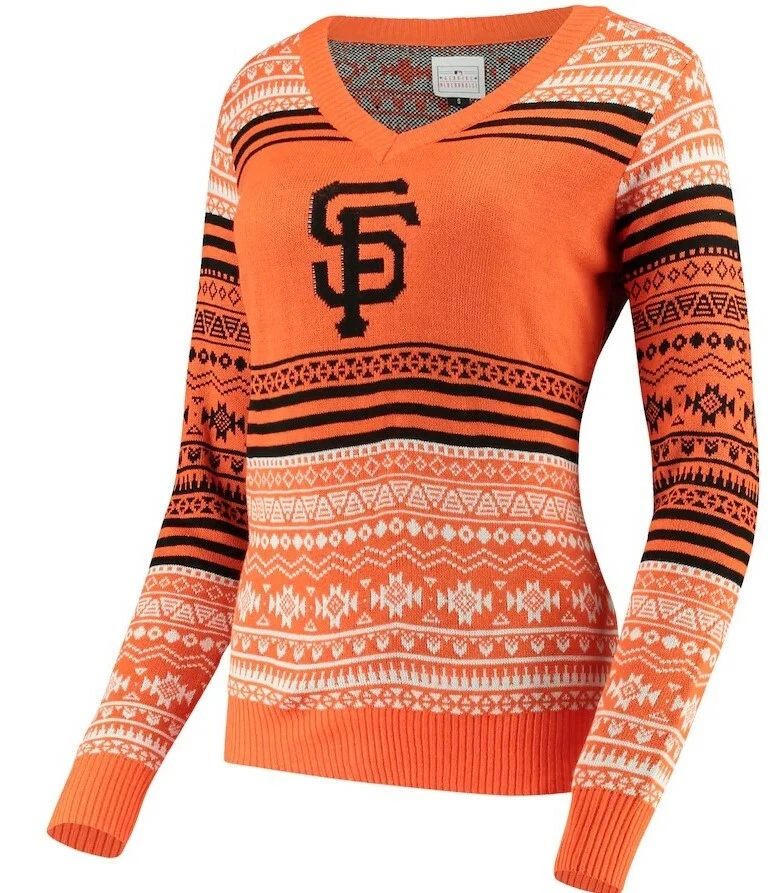 San Francisco Giants Women's Big Logo Aztec V-Neck Orange Sweater - Image 2 of 3