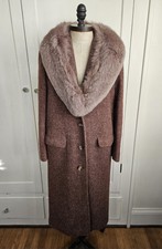Fox Fur Collar Tweed Wool Overcoat Violet Purple Tones Size S