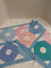 Vtg Handmade Baby Quilt/Lap Throw Blue W/Multicolor Circle Pattern 40" X 38"