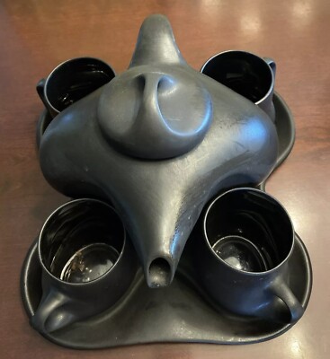 Black Peter Saenger Ceramic Nesting Tea Set 4 Mugs Tray & Teapot MCM Design