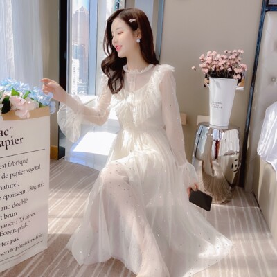 Lady Sequin Lace Mesh Dress Ruffle Flared Sleeves Cute Fairy Lolita Retro  Summer | eBay