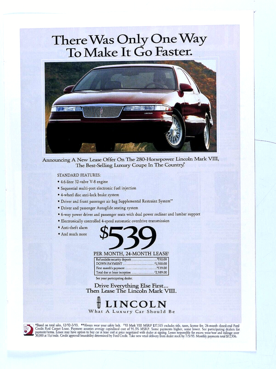 1993 Lincoln Mark VIII Vintage Lease Original Print x 11