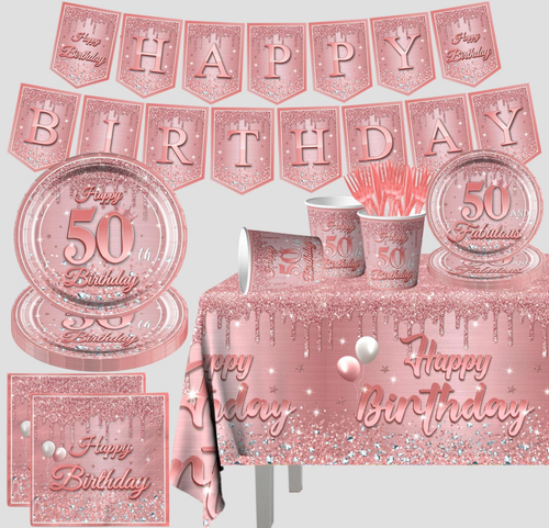 50th Birthday Rose Gold Supplies Glitter Pink Rose Gold Tableware 1PK x 142pcs