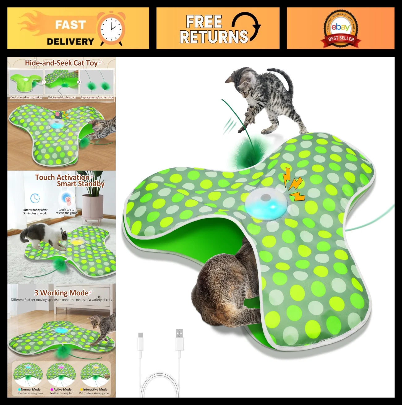 Interactive Automatic Cat Toy - Hide & Seek Motion Activated, Moving Feather, US