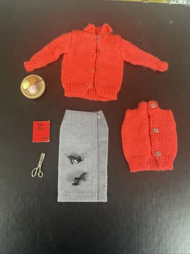 VTG Barbie Sweater Girl Outfit 976 Orange Knitting Yarn Skirt Shoes Scissors Set