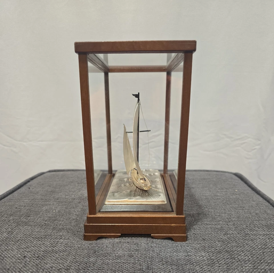 Y6111 OKIMONO Figura de yate de plata estuche de vidrio firmado Japón interior antiguo Foto 4 de 4