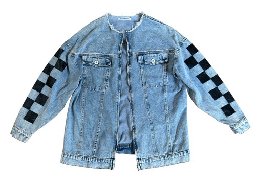 NIRVANA Upcycled Grunge Denim Jacket 90s Punk Rock Retro Vintage Checkered Sz M - Picture 3 of 9