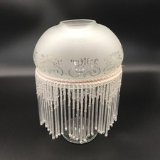Frosted Glass Etched Lamp Shade with Glass Bead Fringe Tassel Art Deco Dia 14cm