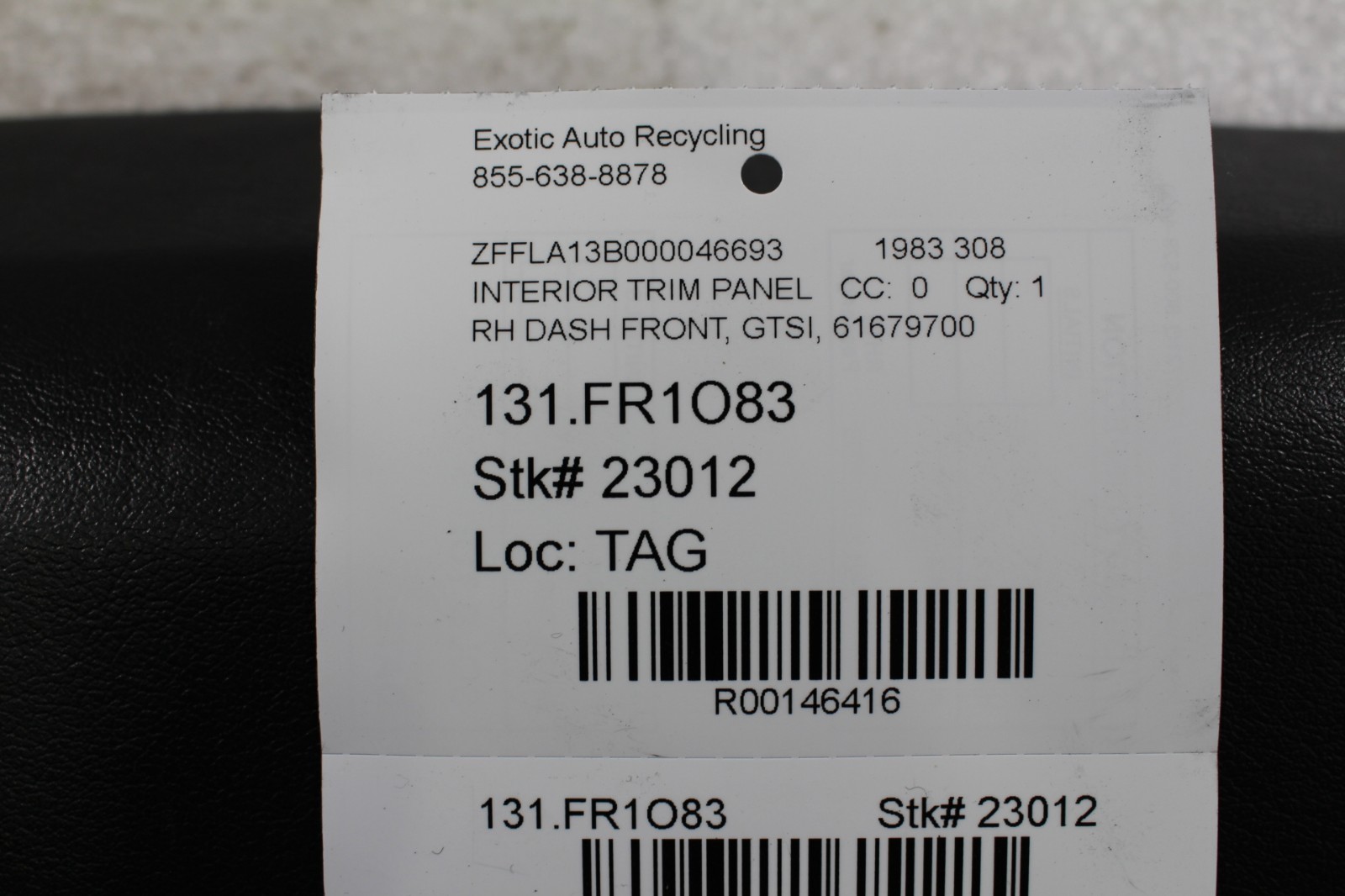 Ferrari 308 GTSi, RH Dash Panel Cover, Used, P/N 61679700