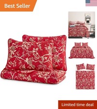 Floral Print Reversible Quilt Set - Elegant 3-Piece Bedding for Queen/Full Size