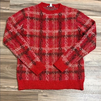 Carven Red Black White Tan Mohair Blend Fuzzy Pullover Sweater Women s Sz. M