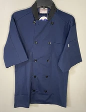 Uncommon Threads Chef Coat Women Men XS Blue Reverse Closure Short Sleeve NWT