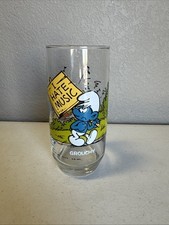 Vaso gruñón vintage de vidrio pitufo (1982) Wallace Berrie & Co (FC203-1-G1025)