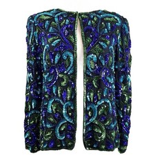 Vtg Stenay Silk Beaded Sequined Swirl Evening Jacket Black Blue Green Size M
