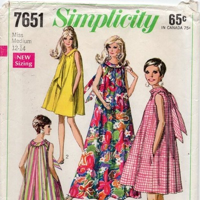 60s Simplicity 7651 Muu Muu Dress Pattern Tie Collar Pockets Sz 12-14 B34-36 CC