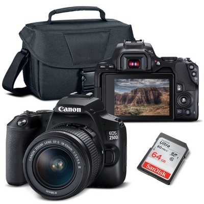 Canon EOS 250D / Rebel SL3 DSLR Camera with 18-55mm Lens (Black) + Bag + 64GB