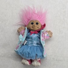 Vintage 20cm Pink Hair Troll Doll in Blue Dress and Pink Robe –  Collectible Toy