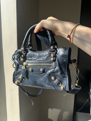 Authentic Balenciaga City Mini Crinkled Lambskin Leather Crossbody Bag Navy