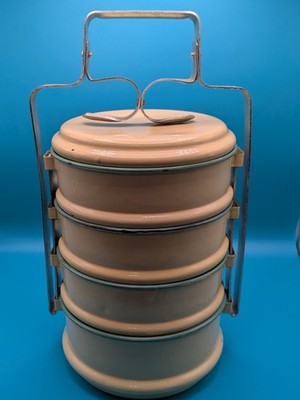 Tiffin Boc Food Carrier Container Traditional Enamel Vintage 4 Stacks