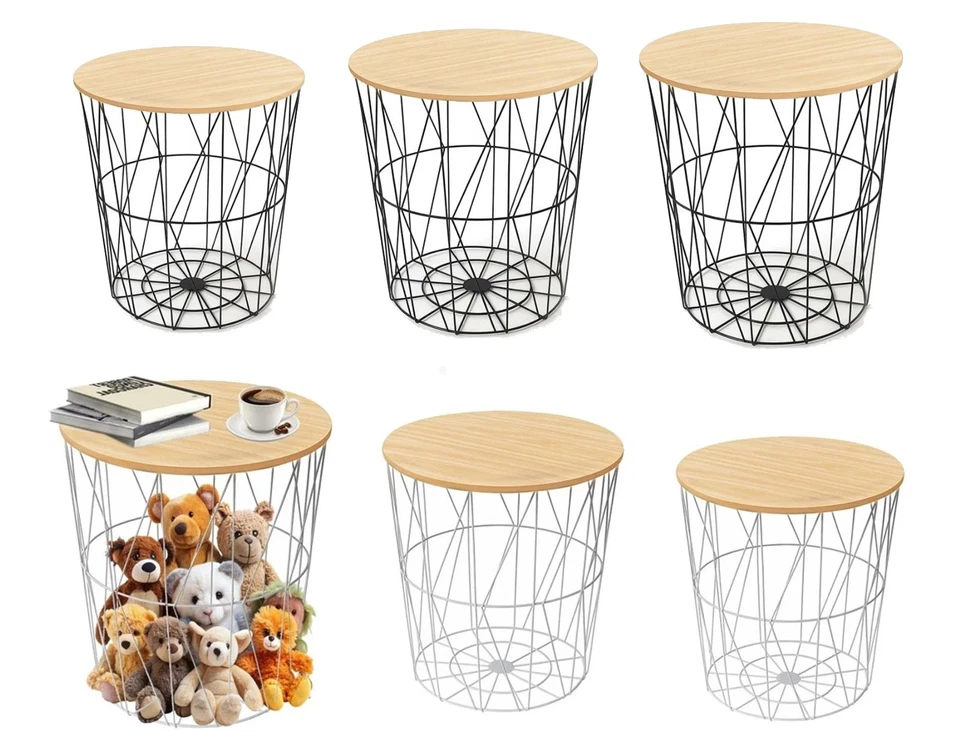 HOMION Black Metal Wire Round Coffee Side Table Wood Top Storage Basket Home Furniture