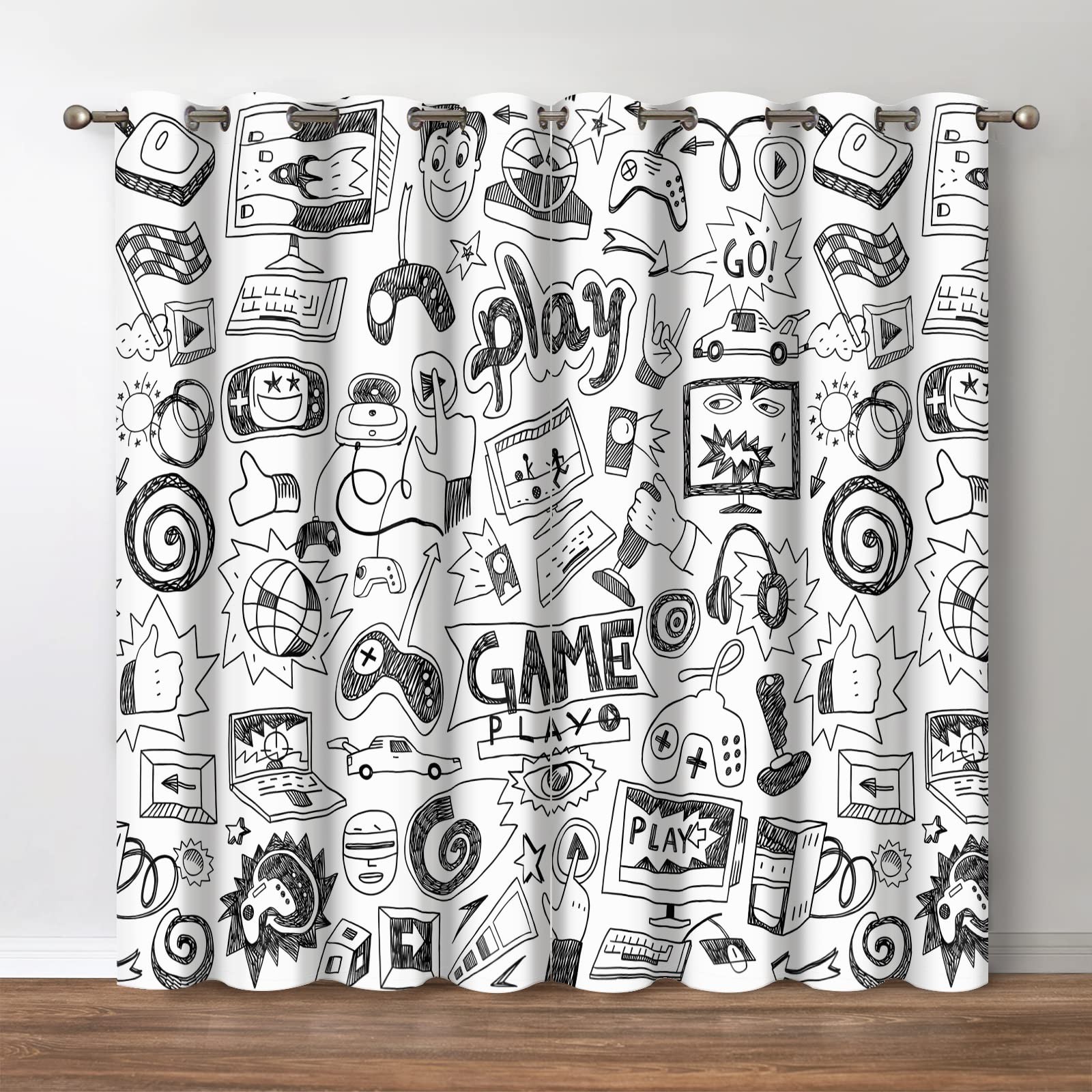 Gaming Blackout Curtains - Block Light with Cool Video Game Sketch Art Drapes