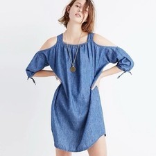 Madewell Women's Cold Shoulder Chambray Dress Size L Linen Cotton Coastal Cowgrl