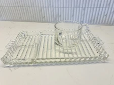 Set of 4 Hazel Atlas Ball & Rib  Glass Sip n Smoke Luncheon Snack Tray & Cup Set