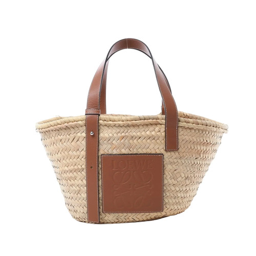 LOEWE Basket Medium Raffia x Leather Handbag in Beige x Brown