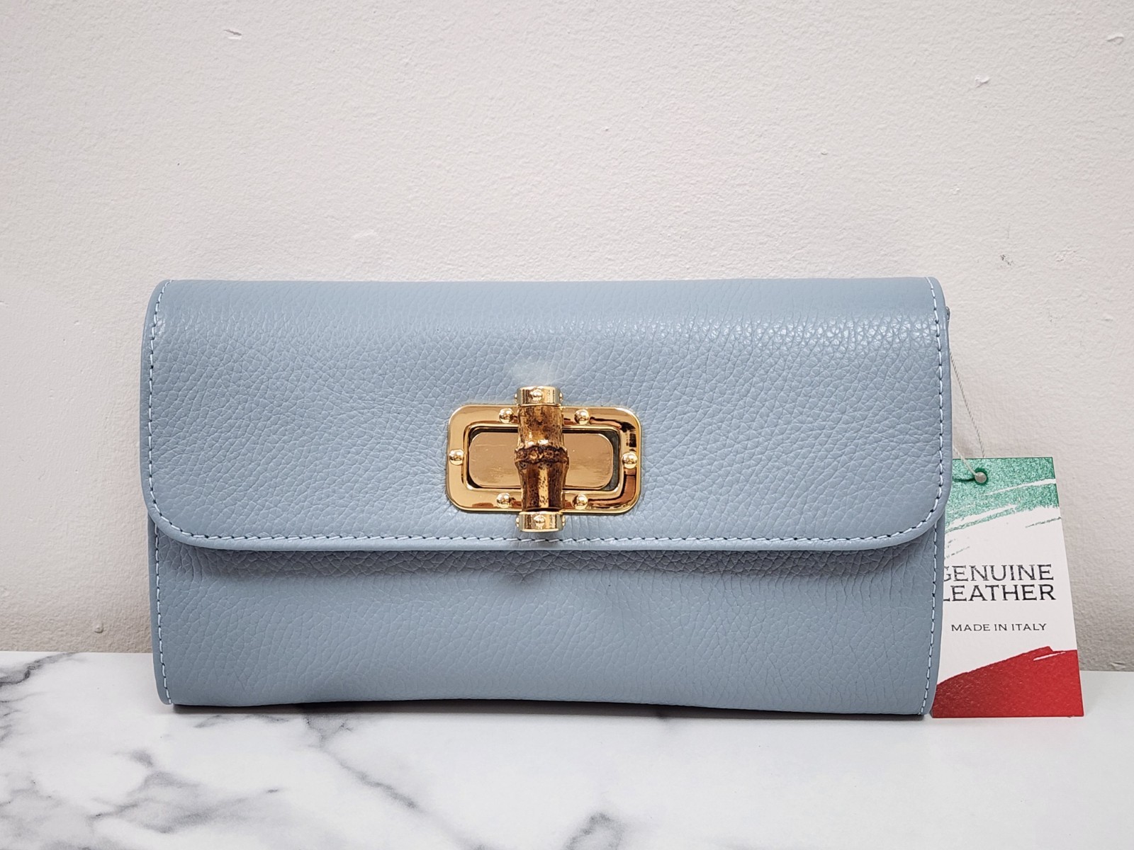 Gucci Style Italian Leather Clutch Crossbody Bag Light Blue NWT