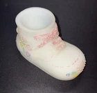 Fenton Baby Shoe White Satin Painted Pink Pastel Hearts Flowers Vintage Sticker