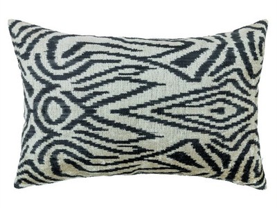 Silk Velvet Ikat Lumbar Pillow Cover 16x24 in   Black Ivory Modern Decor