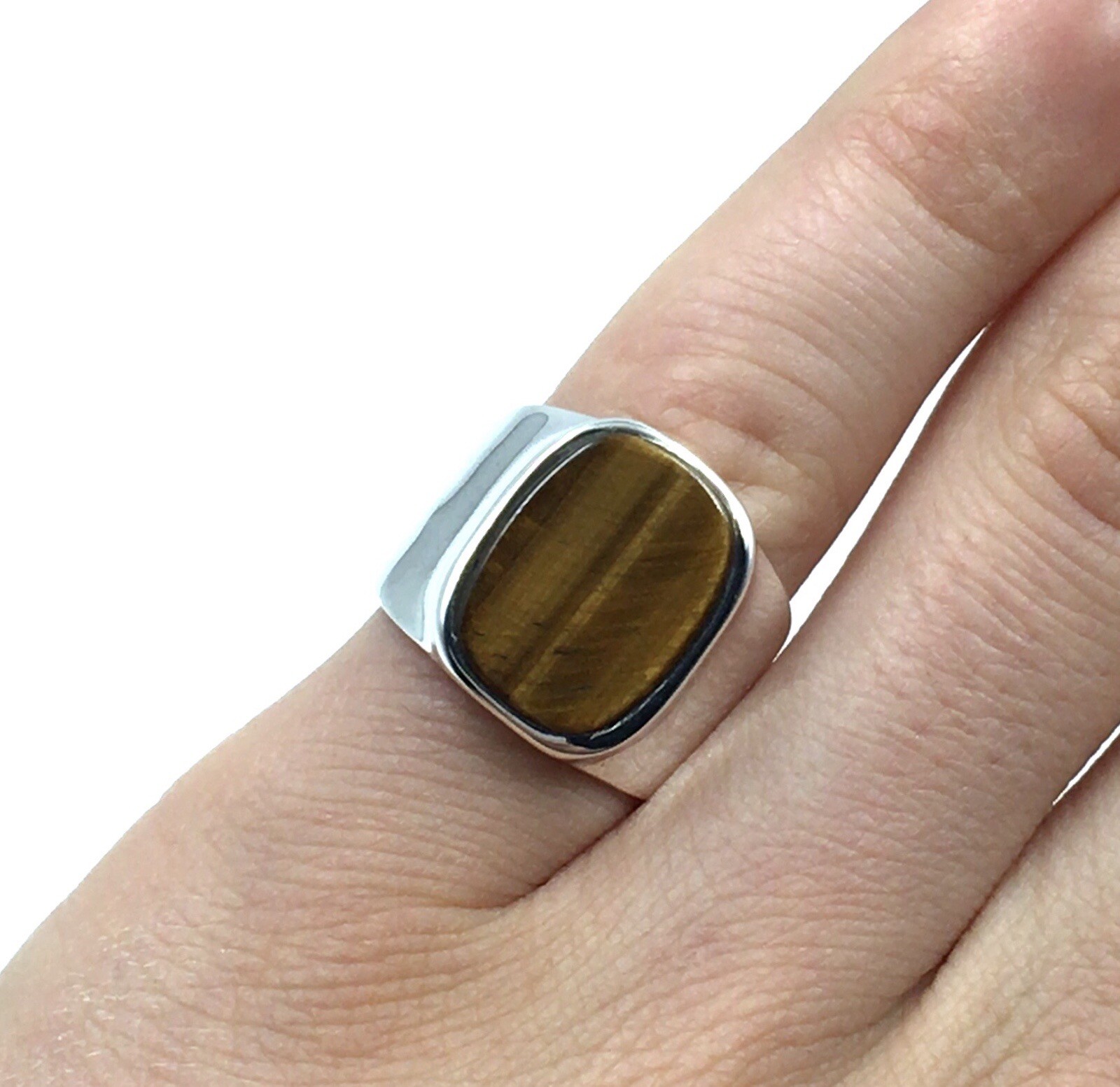 Solid 925 Silver Band Ring Oval Tiger Eye Mens Je… - image 7