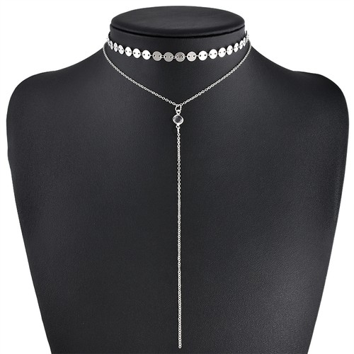 Stunning Cleavage Crystal Lariat Silver Gold Tone Discs Choker Chain Necklace - Picture 6 of 7