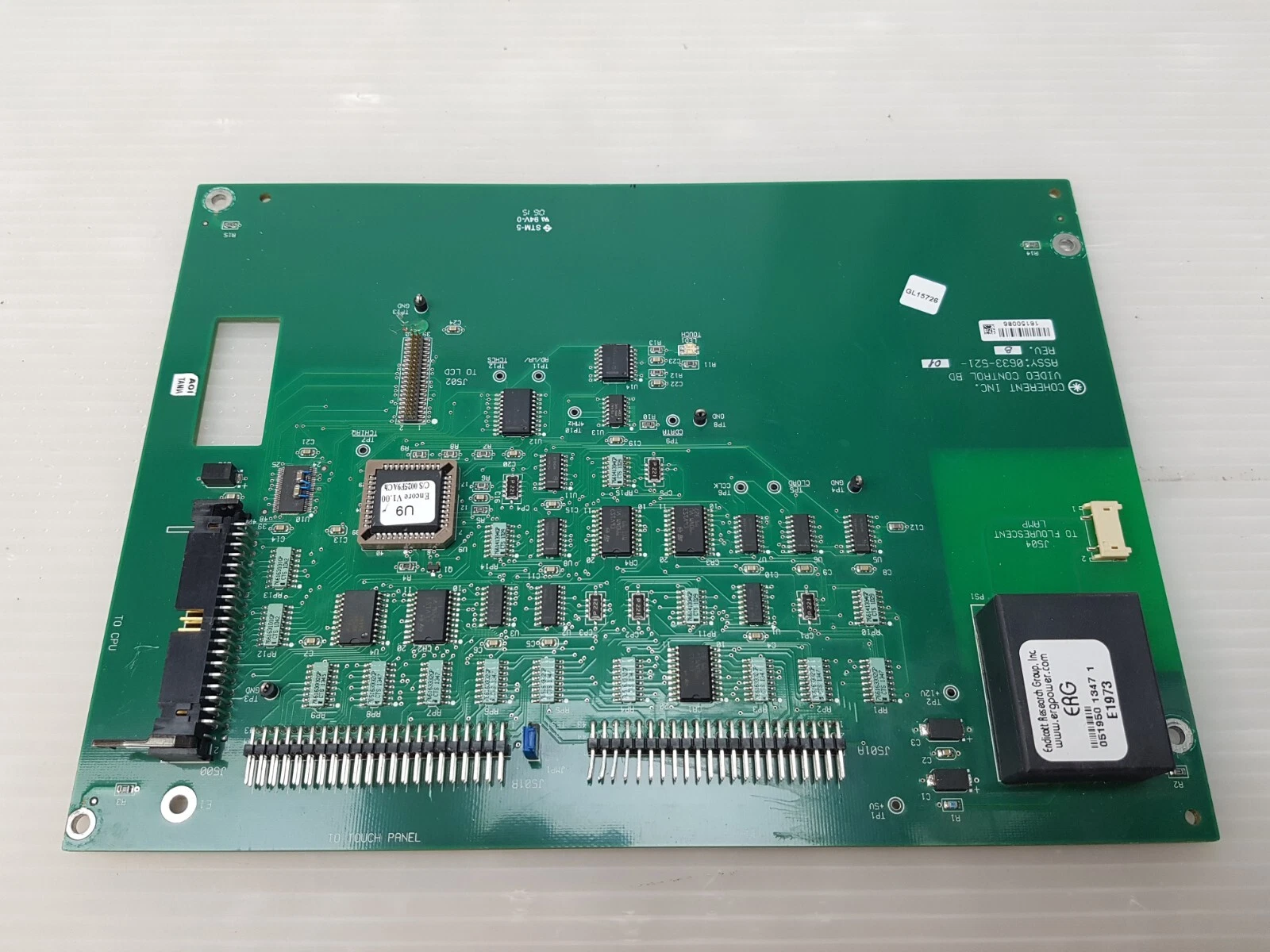 Coherent video control board 0633-521-01 upside-down view, with the J500 CPU connector
