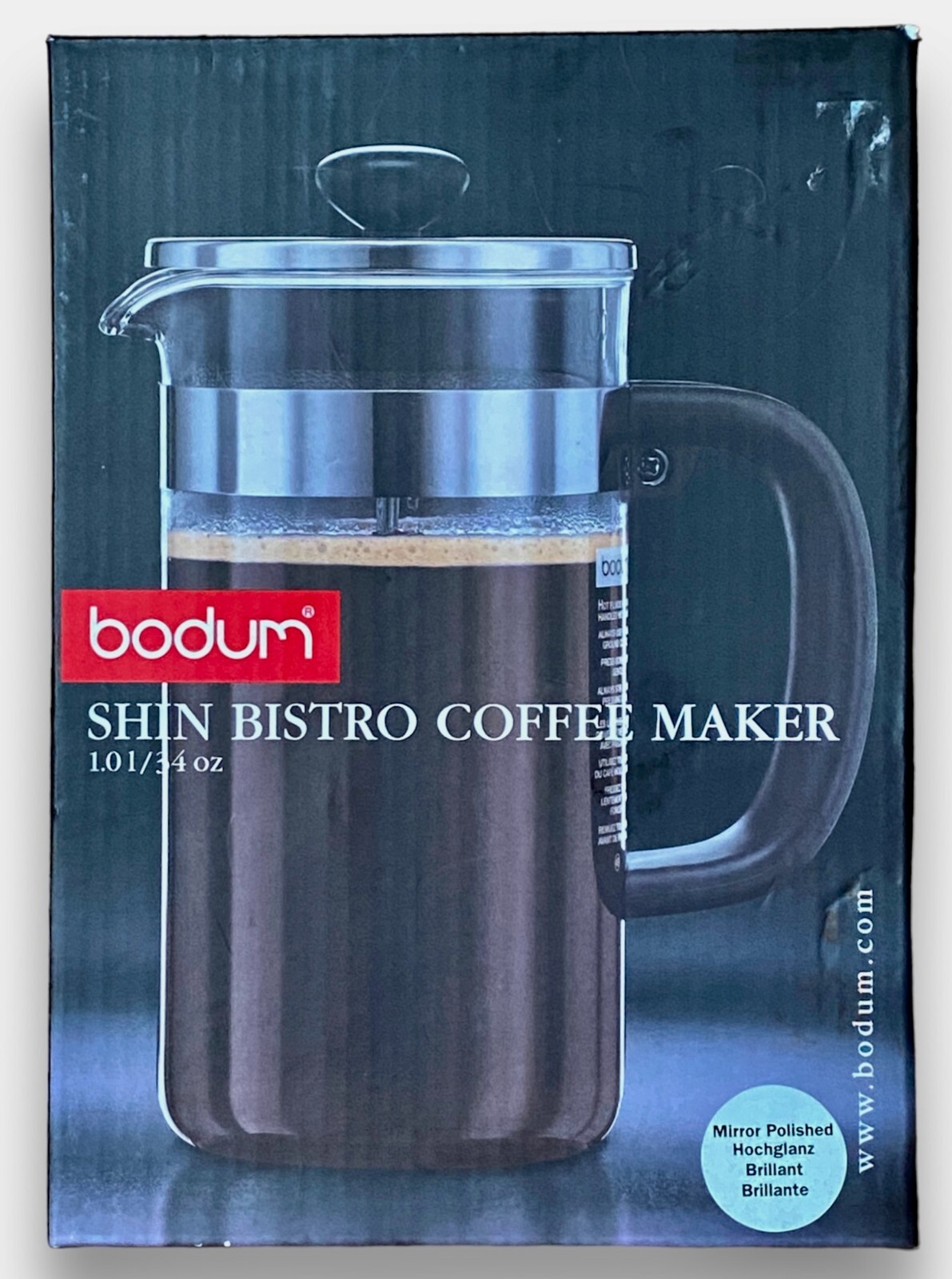 NEW Bodum Shin Bistro French Coffee Press  - Mirror Polished - 34 ounces