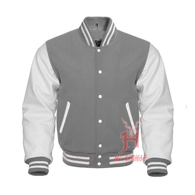 Varsity Jacke Gothic College Bomber Jacket Unisex Grau Weiß Leder Retro