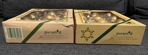 2 Schachteln Vintage 12 Pyramiden Glas Weihnachten Deko Ornamente Gold 24 Glühbirnen - Bild 3 von 12