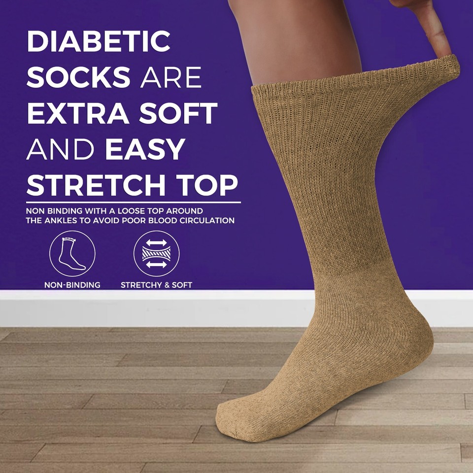 6 Pairs Beige Diabetic Cotton Crew Socks – Health Circulatory, Sizes 9-11, 10-13, 13-15 – Diamond Star
