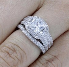 2PC Sterling Silver Princess CZ Wedding Band Engagement Rings Set Size 3-15 S83