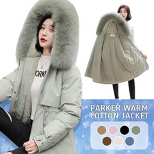 Women Winter Warm Thicken Padded Parka Jacket Large Faux Fur Collar Hooded Coat